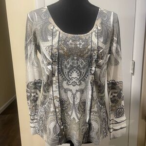 Live and Let Live Graphic Long Sleeve Blouse in White and Gray